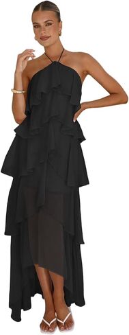 Halter Bridesmaid Dress Long Layered Chiffon Maxi Dress A Line Sundresses Formal Wedding Guest Dress LE024 in Saudi Arabia