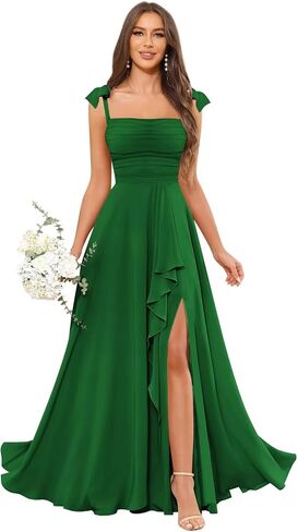 Chiffon Ruffle Bridesmaid Dresses 2026 with Slit Square Neck Bow Straps Long Formal Evening Gown with Pockets in Saudi Arabia