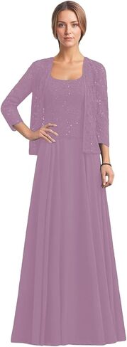 2 Piece Mother of The Bride Dresses 3/4 Sleeve Long Chiffon Lace Formal Evening Dress with Jacket WT016 in Saudi Arabia