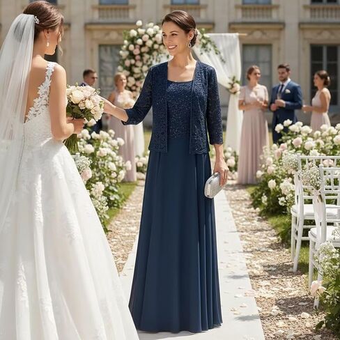 2 Piece Mother of The Bride Dresses 3/4 Sleeve Long Chiffon Lace Formal Evening Dress with Jacket WT016 in Saudi Arabia
