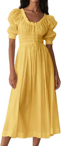 Womens Summer Casual Cotton Puff Half Sleeve Midi Dress Ruffle Smocked Flowy Long Dress for Boho Beach in Saudi Arabia