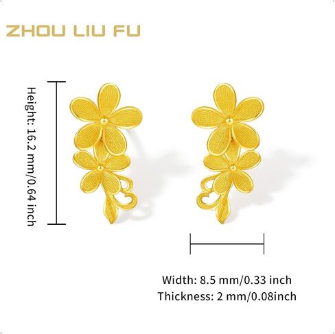 ZHOU LIU FU 24K Solid Gold Flower Earrings Floral Studs Cute Small Dainty Jewelry for Women Mom Daughter Gifts Birthday Anniversary A0922106 in Saudi Arabia