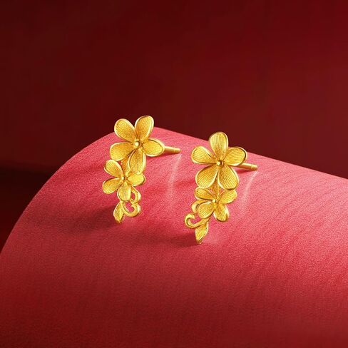 ZHOU LIU FU 24K Solid Gold Flower Earrings Floral Studs Cute Small Dainty Jewelry for Women Mom Daughter Gifts Birthday Anniversary A0922106 in Saudi Arabia