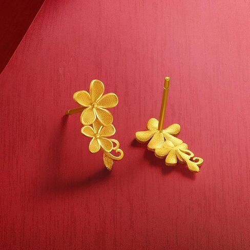 ZHOU LIU FU 24K Solid Gold Flower Earrings Floral Studs Cute Small Dainty Jewelry for Women Mom Daughter Gifts Birthday Anniversary A0922106 in Saudi Arabia