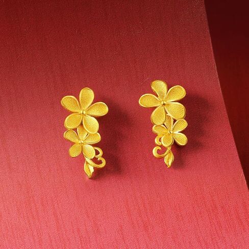 ZHOU LIU FU 24K Solid Gold Flower Earrings Floral Studs Cute Small Dainty Jewelry for Women Mom Daughter Gifts Birthday Anniversary A0922106 in Saudi Arabia