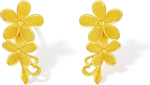ZHOU LIU FU 24K Solid Gold Flower Earrings Floral Studs Cute Small Dainty Jewelry for Women Mom Daughter Gifts Birthday Anniversary A0922106 in Saudi Arabia