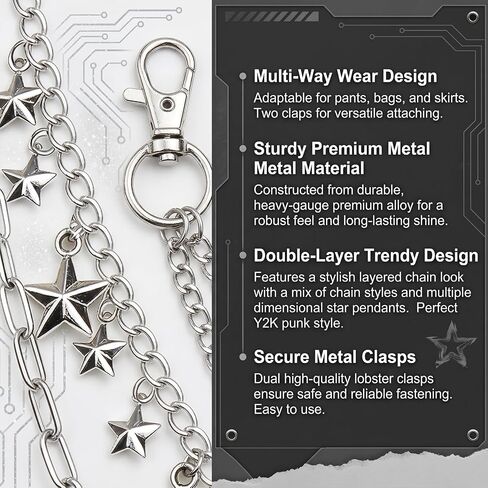 Y2K Punk Layered Pants Chain, Silver Hip Hop Waist Jeans Chain with Charm, Fashion Jewelry Accessory for Men Women Music Festival Cosplay Daily Wear in Saudi Arabia