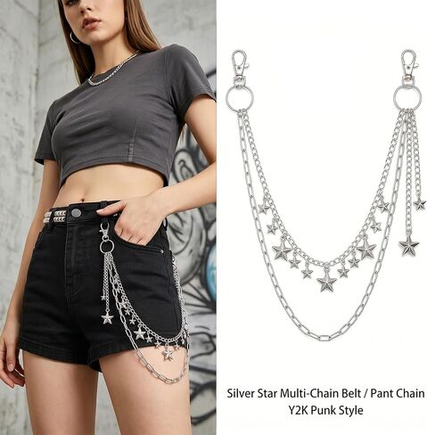 Y2K Punk Layered Pants Chain, Silver Hip Hop Waist Jeans Chain with Charm, Fashion Jewelry Accessory for Men Women Music Festival Cosplay Daily Wear in Saudi Arabia