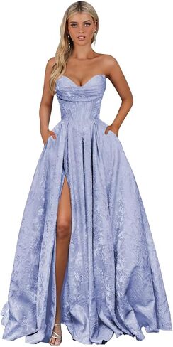 Strapless Jacquard Satin Prom Dresses for Women Corset A Line Long Formal Evening Party Gowns with Slit in Saudi Arabia
