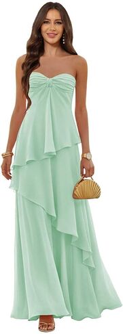 Women’s Strapless Chiffon Bridesmaid Dress 2026 with Tiered Ruffle A-Line Ruched Flowy Maxi Formal Wedding Guest Dress in Saudi Arabia
