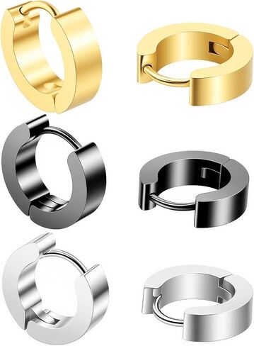 3 Pairs Stainless Steel Hoop Earrings for Men - Hypoallergenic Surgical Steel Mens Earrings Set - Small Black Silver Gold Metal Hoops in Saudi Arabia