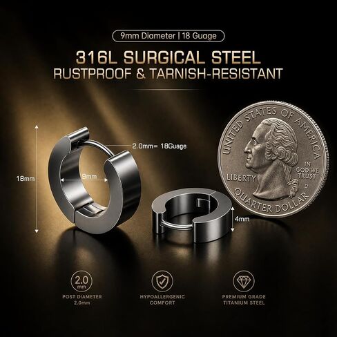 3 Pairs Stainless Steel Hoop Earrings for Men - Hypoallergenic Surgical Steel Mens Earrings Set - Small Black Silver Gold Metal Hoops in Saudi Arabia