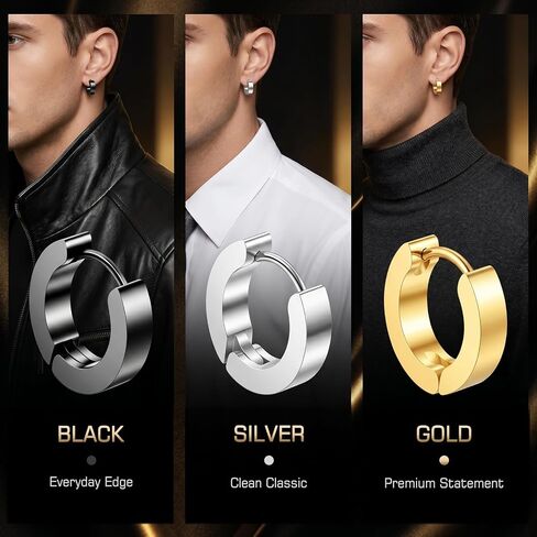 3 Pairs Stainless Steel Hoop Earrings for Men - Hypoallergenic Surgical Steel Mens Earrings Set - Small Black Silver Gold Metal Hoops in Saudi Arabia