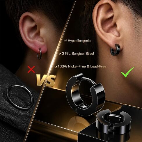 3 Pairs Stainless Steel Hoop Earrings for Men - Hypoallergenic Surgical Steel Mens Earrings Set - Small Black Silver Gold Metal Hoops in Saudi Arabia