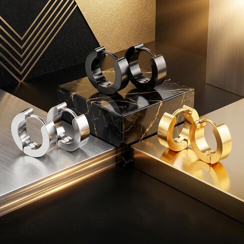 3 Pairs Stainless Steel Hoop Earrings for Men - Hypoallergenic Surgical Steel Mens Earrings Set - Small Black Silver Gold Metal Hoops in Saudi Arabia