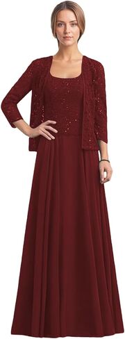 2 Piece Mother of The Bride Dresses 3/4 Sleeve Long Chiffon Lace Formal Evening Dress with Jacket WT016 in Saudi Arabia