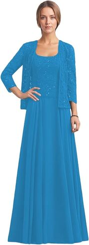 2 Piece Mother of The Bride Dresses 3/4 Sleeve Long Chiffon Lace Formal Evening Dress with Jacket WT016 in Saudi Arabia