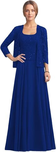 2 Piece Mother of The Bride Dresses 3/4 Sleeve Long Chiffon Lace Formal Evening Dress with Jacket WT016 in Saudi Arabia