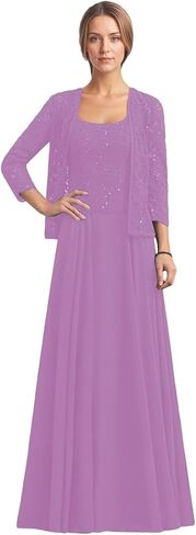 2 Piece Mother of The Bride Dresses 3/4 Sleeve Long Chiffon Lace Formal Evening Dress with Jacket WT016 in Saudi Arabia