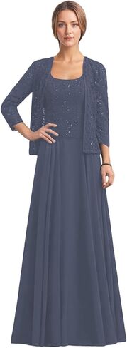 2 Piece Mother of The Bride Dresses 3/4 Sleeve Long Chiffon Lace Formal Evening Dress with Jacket WT016 in Saudi Arabia
