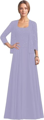 2 Piece Mother of The Bride Dresses 3/4 Sleeve Long Chiffon Lace Formal Evening Dress with Jacket WT016 in Saudi Arabia