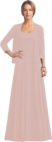 2 Piece Mother of The Bride Dresses 3/4 Sleeve Long Chiffon Lace Formal Evening Dress with Jacket WT016 in Saudi Arabia
