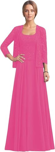 2 Piece Mother of The Bride Dresses 3/4 Sleeve Long Chiffon Lace Formal Evening Dress with Jacket WT016 in Saudi Arabia