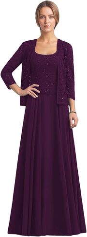 2 Piece Mother of The Bride Dresses 3/4 Sleeve Long Chiffon Lace Formal Evening Dress with Jacket WT016 in Saudi Arabia
