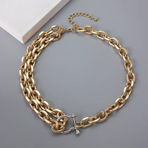 Mixed Metal Layered Necklaces for Women - 18K Gold Plated Chunky Gold Necklace Silver and Gold Necklace Links, Modern Cuban Link Chain Statement Jewelry Gift in Saudi Arabia