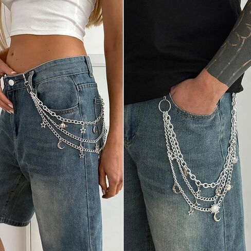 Sliver Layered Pants Chain Star Moon Sun Saturn Charms Wallet Chain Punk Gothic Jeans Chain for Men Women Y2K Streetwear Accessory in Saudi Arabia