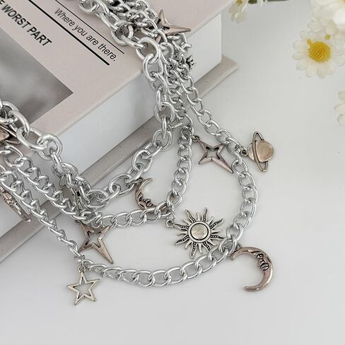 Sliver Layered Pants Chain Star Moon Sun Saturn Charms Wallet Chain Punk Gothic Jeans Chain for Men Women Y2K Streetwear Accessory in Saudi Arabia