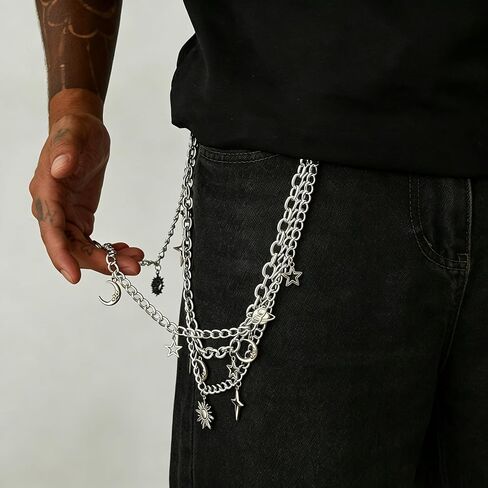 Sliver Layered Pants Chain Star Moon Sun Saturn Charms Wallet Chain Punk Gothic Jeans Chain for Men Women Y2K Streetwear Accessory in Saudi Arabia
