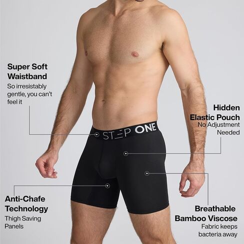 STEP ONE Mens Boxers Shorts, 1 Pair, Anti Chafing Underwear for Men, Moisture-Wicking Boxer Shorts with 3D Pouch Black L in Saudi Arabia