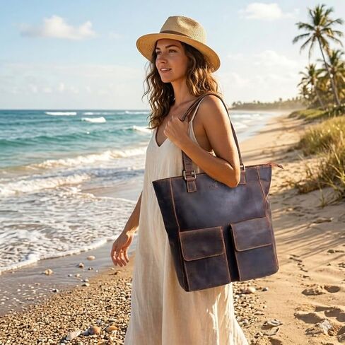 Genuine Leather Tote Bag for Women, Medium Leather Shoulder Bag with Zipper, Work Handbag Purse, Front Pocket Everyday Carry Tote for Office, Travel & Shopping, Tan Brown in Saudi Arabia