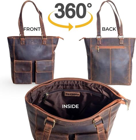 Genuine Leather Tote Bag for Women, Medium Leather Shoulder Bag with Zipper, Work Handbag Purse, Front Pocket Everyday Carry Tote for Office, Travel & Shopping, Tan Brown in Saudi Arabia