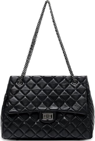 Quilted Genuine Leather Shoulder Bag - Large Capacity Tote with Black Chain & Red Lining in Saudi Arabia