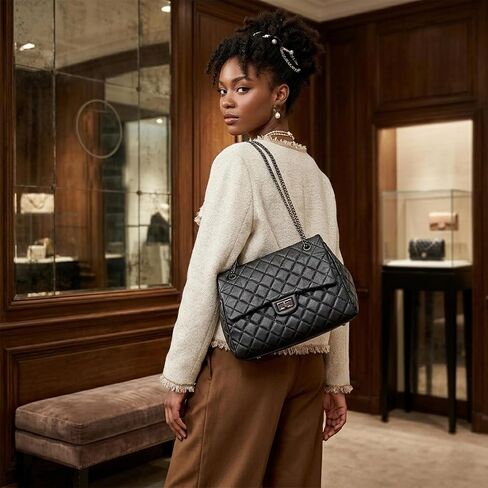 Quilted Genuine Leather Shoulder Bag - Large Capacity Tote with Black Chain & Red Lining in Saudi Arabia