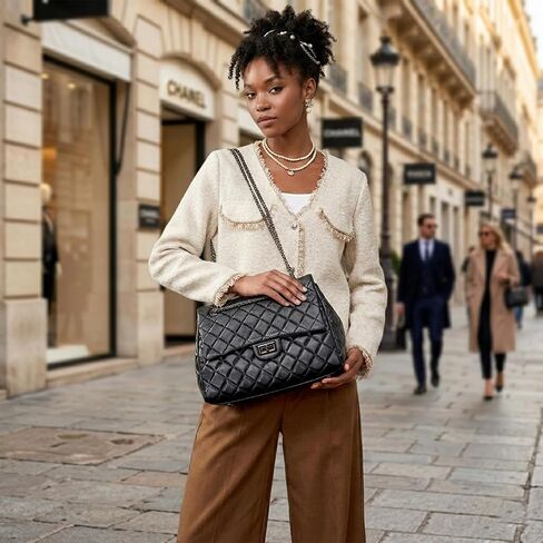Quilted Genuine Leather Shoulder Bag - Large Capacity Tote with Black Chain & Red Lining in Saudi Arabia