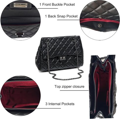 Quilted Genuine Leather Shoulder Bag - Large Capacity Tote with Black Chain & Red Lining in Saudi Arabia