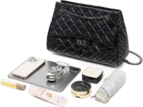 Quilted Genuine Leather Shoulder Bag - Large Capacity Tote with Black Chain & Red Lining in Saudi Arabia