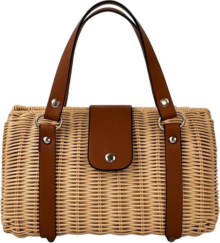 Rattan Purse for Women, Structured Straw Tote Bag, Woven Wicker Satchel Handbag with Reinforced Handles, Summer Beach Travel Bag for Daily Use in Kuwait