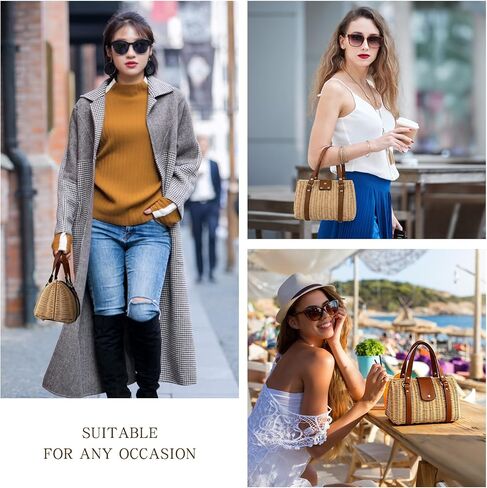 Rattan Purse for Women, Structured Straw Tote Bag, Woven Wicker Satchel Handbag with Reinforced Handles, Summer Beach Travel Bag for Daily Use in Kuwait