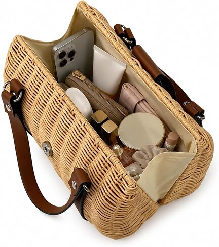 Rattan Purse for Women, Structured Straw Tote Bag, Woven Wicker Satchel Handbag with Reinforced Handles, Summer Beach Travel Bag for Daily Use in Kuwait