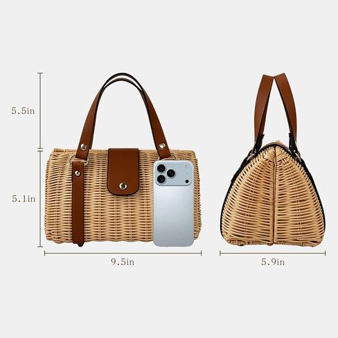 Rattan Purse for Women, Structured Straw Tote Bag, Woven Wicker Satchel Handbag with Reinforced Handles, Summer Beach Travel Bag for Daily Use in Kuwait
