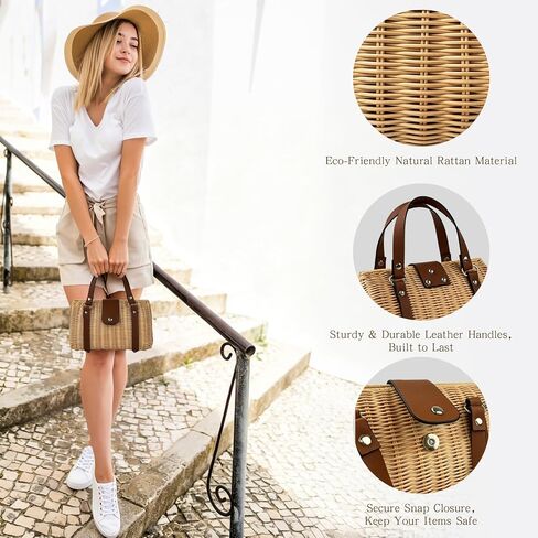 Rattan Purse for Women, Structured Straw Tote Bag, Woven Wicker Satchel Handbag with Reinforced Handles, Summer Beach Travel Bag for Daily Use in Kuwait