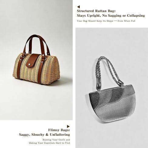 Rattan Purse for Women, Structured Straw Tote Bag, Woven Wicker Satchel Handbag with Reinforced Handles, Summer Beach Travel Bag for Daily Use in Kuwait
