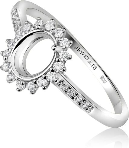 925 Sterling Silver 6x8 mm Oval Ring Blank – Prong Setting Semi-Mount with 16 CZ Halo – DIY Jewelry Base for Faceted or Cabochon Gemstones in Saudi Arabia