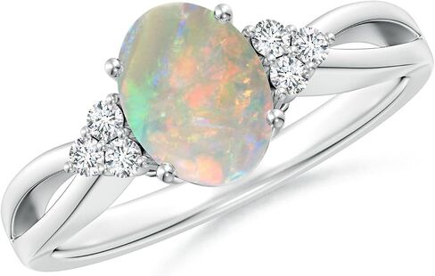 Angara Natural Opal Ring for Women | Solitaire Oval Opal Split Shank Ring with Trio Diamonds in 14K Solid Gold/Sterling Silver/Platinum in Kuwait