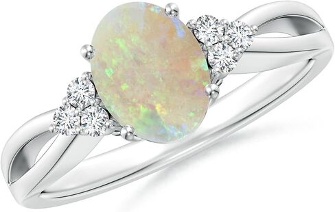 Angara Natural Opal Ring for Women | Solitaire Oval Opal Split Shank Ring with Trio Diamonds in 14K Solid Gold/Sterling Silver/Platinum in Kuwait