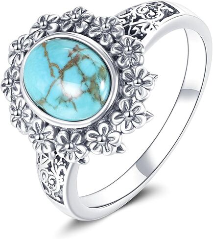 Natural Turquoise Ring for Women 925 Sterling Silver Vintage Flower with Oval Cut Turquoise Ring in Saudi Arabia